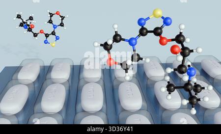 Illustrazione 3D del modello molecolare Timolol e della pillola ovale etichettata "TIMOLOLO", che mostra un prodotto farmaceutico pronto all'uso per il trattamento del glaucoma Foto Stock