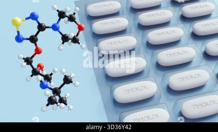 Illustrazione 3D del modello molecolare Timolol e della pillola ovale etichettata "TIMOLOLO", che mostra un prodotto farmaceutico pronto all'uso per il trattamento del glaucoma Foto Stock