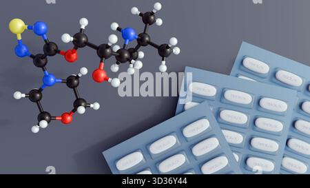 Illustrazione 3D del modello molecolare Timolol e della pillola ovale etichettata "TIMOLOLO", che mostra un prodotto farmaceutico pronto all'uso per il trattamento del glaucoma Foto Stock