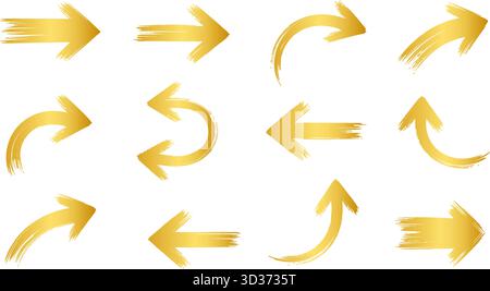 Set vettoriale frecce pennellate dorate isolate su sfondo bianco Illustrazione Vettoriale