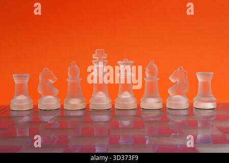 Fila di pezzi scacchistici su una scacchiera, che simboleggiano strategia, leadership e pensiero chiaro negli affari o nel processo decisionale Foto Stock