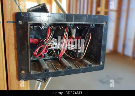 Interruttore luci elettriche nere e cablaggio collegati al prigioniero Foto Stock