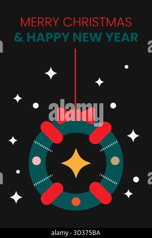 Biglietto d'auguri natalizio con fiocco rosso e stelle decorative Illustrazione Vettoriale