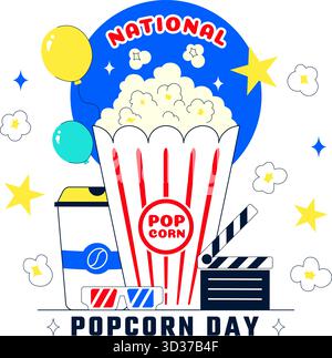 Illustrazione del vettore National Popcorn Day il 19 gennaio con Una grande scatola di popcorn per guardare film in Uno sfondo di cartone animato in stile piatto Illustrazione Vettoriale