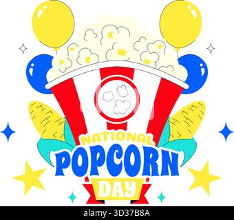 Illustrazione del vettore National Popcorn Day il 19 gennaio con Una grande scatola di popcorn per guardare film in Uno sfondo di cartone animato in stile piatto Illustrazione Vettoriale