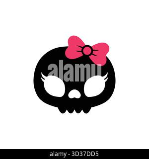 Teschio carino con fiocco rosa. Illustrazione della testa del cranio della ragazza, vettore. Illustrazione Vettoriale