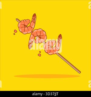Delizioso spiedino di gamberi grigliati Satay Vector Illustration Cartoon Design Illustrazione Vettoriale
