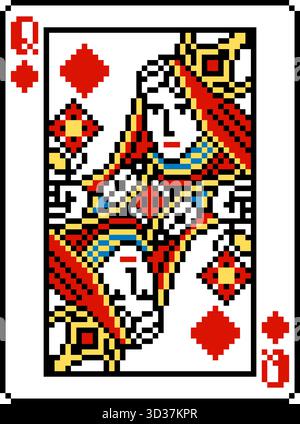 Disegno di carte da gioco Pixel Art Queen of Diamonds Illustrazione Vettoriale