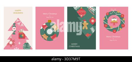 Buon Natale e buone feste, felice anno nuovo modelli di biglietti d'auguri dalla geometria moderna. Set di design minimali alla moda con alberi di Natale, ornamenti, Illustrazione Vettoriale