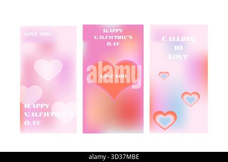 Carte sfumate pastello Y2K minimali con cuori sfocati e tipografia. Elegante sfondo di San Valentino per il modello di social media. Le copertine d'amore sono di tendenza Illustrazione Vettoriale