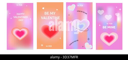 Set di modelli di design moderni per San Valentino. Graziosa estetica creativa carte minimal romantiche in stile y2k. Forma del cuore aura con sfondo sfumato Illustrazione Vettoriale