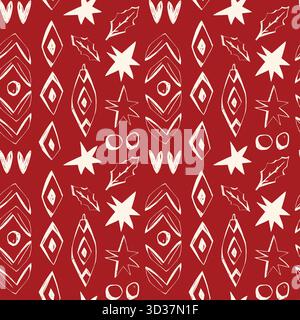 Motivo natalizio scandinavo rosso con stelle holly lascia cuori e ornamenti geometrici minimale vettore nordico senza cuciture Illustrazione Vettoriale
