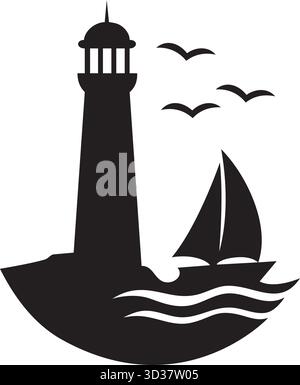 Faro costiero e silhouette a barca a vela Vector - Logo Nautical Seascape minimalista con Waves e Flying Segabbills Black icona Illustrazione Vettoriale