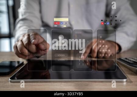 Business man web designer lavora alla progettazione Web UI-UX, allo sviluppo Web User Experience coding Foto Stock