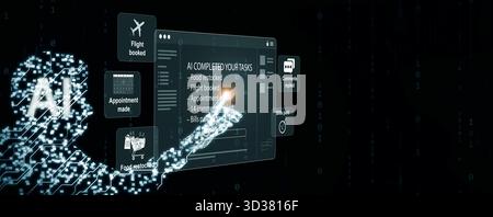 Intelligenza artificiale autentica che completa automaticamente le attività umane attraverso l'interfaccia digitale e il codice binario. Perfetto per automazione, assistente intelligente, trasformazione digitale Foto Stock