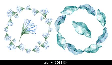 Set di acquerelli con due corone floreali delicati fiori di gloria blu mattutina e morbide foglie turchesi. Eleganti composizioni botaniche ideali per matrimoni Foto Stock