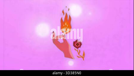 Tenendo acceso il fiammifero, mano stilizzata che mostra la fiamma arancione in un campo rosa pastello, con fiore rosso Foto Stock