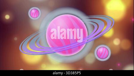 Caratterizzato da un pianeta a righe rosa che ruota con anelli viola in uno spazio luminoso e lune rosa più piccole Foto Stock