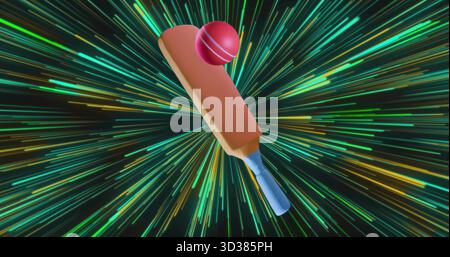 Mazza da cricket in legno e pallina da cricket rossa che galleggiano nella scena digitale astratta, con una raffica di colori al neon Foto Stock