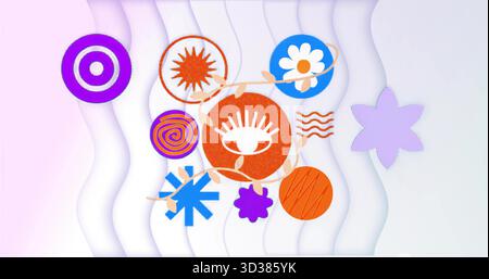 Visualizzazione di forme che formano cluster sullo sfondo del nastro pastello, con occhio arancione, margherita blu e vite Foto Stock