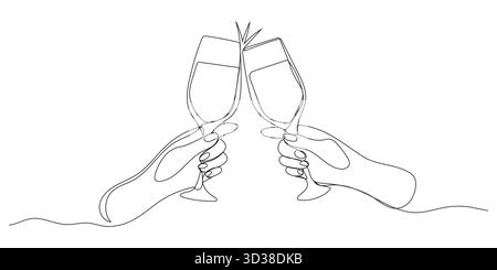 Disegno continuo di una linea di applausi due bicchieri con vino rosso. Illustrazione a riga singola con le mani che tengono i bicchieri. Concetto di bicchiere di vino Illustrazione Vettoriale