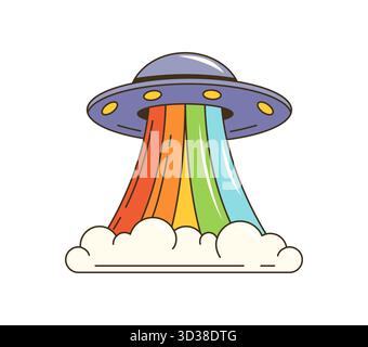 Cartoon retro 70s Groovy spazio alieno UFO adesivo o etichetta. Adesivo retrò Groovy, etichetta vettoriale funky anni '80. Etichetta vintage o patch isolata con astronave a dischi volanti alieni al decollo Illustrazione Vettoriale