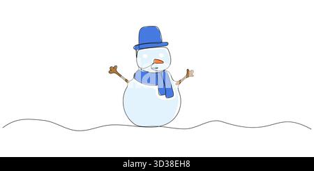 Disegno continuo su una linea di pupazzo di neve di natale in cappello con sciarpa. Grazioso personaggio invernale in stile doodle. Illustrazione vettoriale. Illustrazione Vettoriale