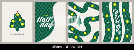Set di cartoline natalizie geometriche minimaliste con motivo a quadri verde. Buon Natale e felice anno nuovo biglietto d'auguri, banner, poster o modelli di copertina Illustrazione Vettoriale