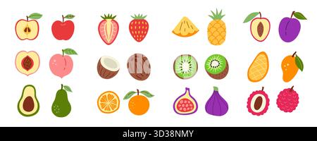 Illustrazioni vettoriali di cartoni animati Fruits, grande set di icone Illustrazione Vettoriale