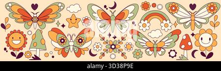 Collezione floreale e farfalla retrò - elementi grafici vintage anni '70. Set di stampe dal design psichedelico con margherite sorridenti, falene decorative, archi e stelle arcobaleno, nuvole e funghi. Illustrazione Vettoriale