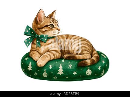 Gatto di Natale acquerello - carino illustrazione gattino natalizio (stile invernale festivo) Foto Stock