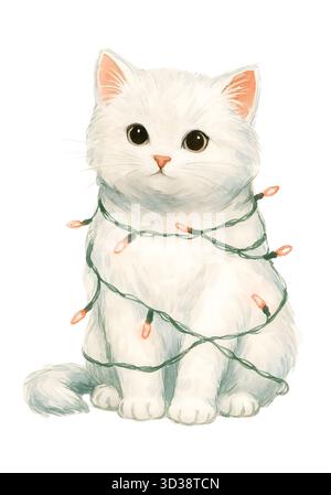 Gatto di Natale acquerello - carino illustrazione gattino natalizio (stile invernale festivo) Foto Stock