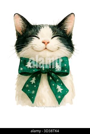 Gatto di Natale acquerello - carino illustrazione gattino natalizio (stile invernale festivo) Foto Stock