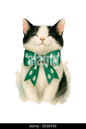 Gatto di Natale acquerello - carino illustrazione gattino natalizio (stile invernale festivo) Foto Stock