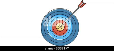 disegno a linea continua colorata della freccia nel centro del bersaglio, illustrazione vettoriale line art Illustrazione Vettoriale