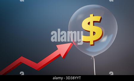Concetto di rischio di bolle finanziarie: Freccia del grafico crescente che indica il pallone del segno del dollaro. rendering 3d. Foto Stock