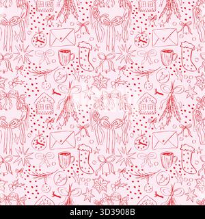 Motivo natalizio senza cuciture in uno stile elegante e originale di colore rosa. Scarabocchi disegnati a mano. Archi e decorazioni natalizie. Illustrazione Vettoriale