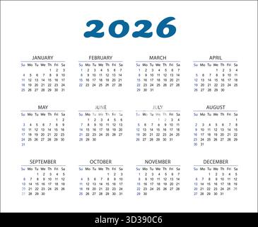 Calendario tascabile per il 2026. Modello di calendario vettoriale per l'azienda, blu su sfondo bianco. Illustrazione Vettoriale
