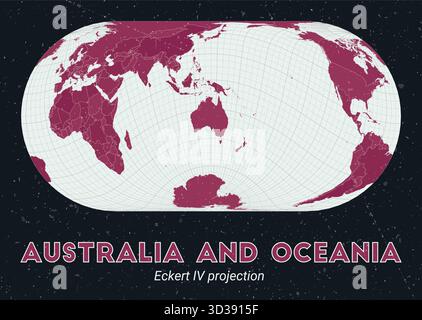 Australia e Oceania. Mappa del mondo. Proiezione di Eckert IV incentrata su Australia e Oceania. Pallido Mint Dark Pink (Rosa scuro). Texture vintage. Illustrazione Vettoriale