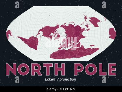 Polo Nord. Mappa del mondo. Proiezione Eckert V centrata al Polo Nord. Pallido Mint Dark Pink (Rosa scuro). Texture vintage. Illustrazione vettoriale creativa. Illustrazione Vettoriale