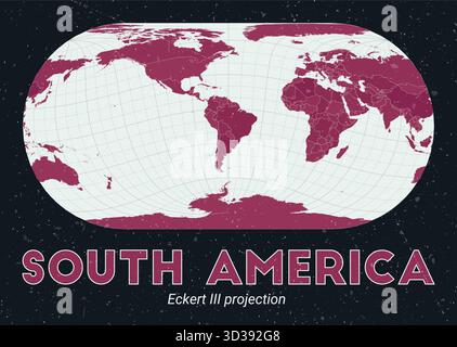 Sud America. Mappa del mondo. Proiezione di Eckert III incentrata sul Sud America. Pallido Mint Dark Pink (Rosa scuro). Texture vintage. Elegante illustrazione vettoriale. Illustrazione Vettoriale