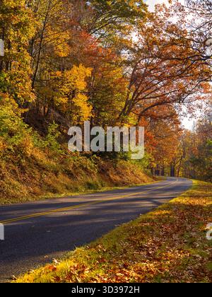 Tranquilla strada tortuosa autunnale sulla Blue Ridge Parkway in Virginia USA Foto Stock