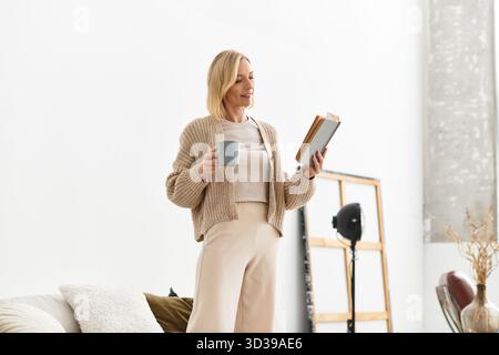 Una donna bionda si rilassa a casa, sorseggiando un tè mentre legge un libro con abiti accoglienti. Foto Stock