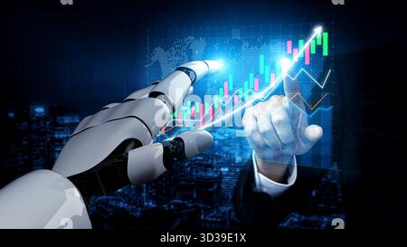 Una mano robotica futuristica interagisce con un grafico finanziario digitale, simboleggiando l'intersezione tra tecnologia e finanza in un ambiente aziendale Foto Stock
