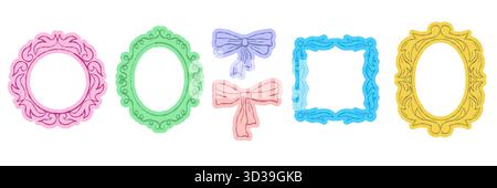 Stravagante specchio da principessa e colorata collezione di cornici vintage. Set di bordi foto in stile retrò e forme astratte. Illustrazione vettoriale piatta moderna Illustrazione Vettoriale