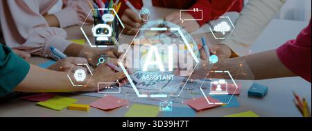 Un concetto di assistente virtuale globale ai. Questo agente intelligente fornisce supporto agli utenti tramite chatbot, esegue ricerche, gestisce i dati cloud e. Foto Stock