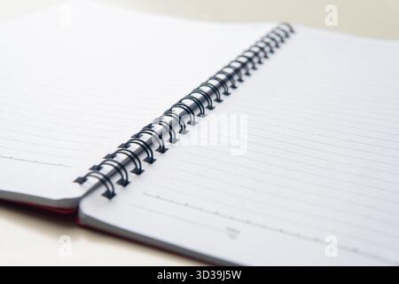 Un primo piano angolato di un notebook aperto con rilegatura a spirale. Le pagine pulite, bianche e rivestite sono vuote. Sfondo perfetto per lo studio o le note. Foto Stock