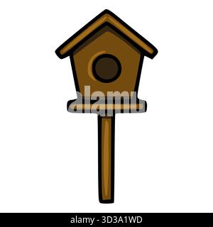 Una semplice e affascinante illustrazione vettoriale di una casa per uccelli in legno marrone su un palo, perfetta per disegni a tema naturale. Illustrazione Vettoriale