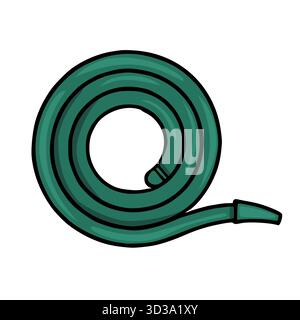 Un tubo da giardino a spirale verde con una bocchetta, presentato come un'illustrazione vettoriale piatta con contorni audaci e sfumature sottili. Illustrazione Vettoriale