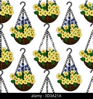 Motivo vettoriale senza cuciture con vivaci primrose gialle e delicati fiori blu nei cesti sospesi. Illustrazione Vettoriale